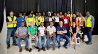The 20 stevedores who received their certification along with representatives of the Institute for Industrial Solutions who carried out the six-day training. Seated, Lilian Hohl, CMA CGM local area representative (1st right) who presented the certificates, and seated next to her is George Pelgrim.