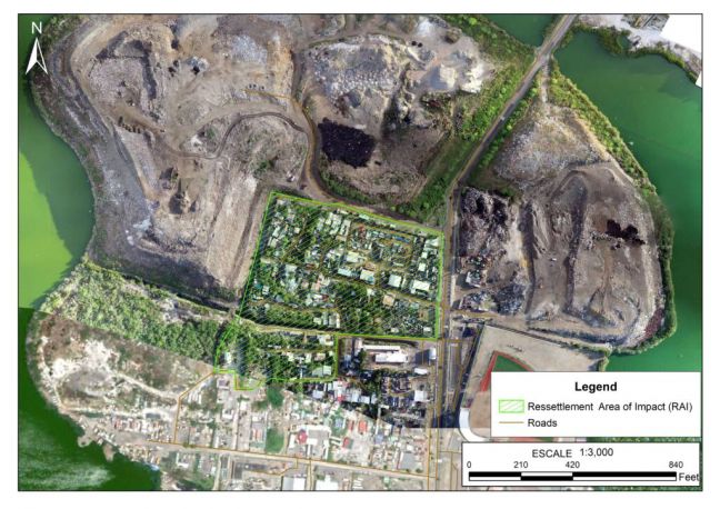 An aerial view of the landfills with the Resettlement Area of Impact shaded in green.  
